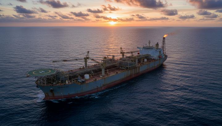 Крупная плавучая установка для добычи и хранения нефти (FPSO) в открытом море, вид сверху. На палубе видны краны, трубы и вертолетная площадка.