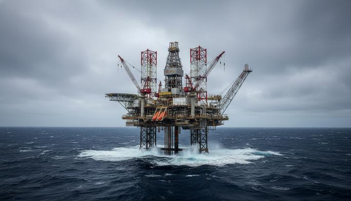 Огромная морская буровая платформа в открытом неспокойном море под пасмурным небом. Детальное изображение конструкции и оборудования.