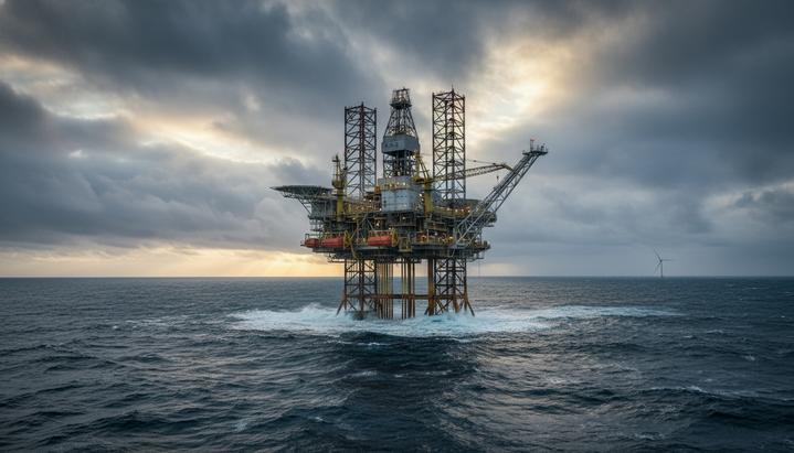 Морская нефтегазовая платформа в бурном море на фоне облачного неба, вдали виднеется одиночная ветряная турбина.