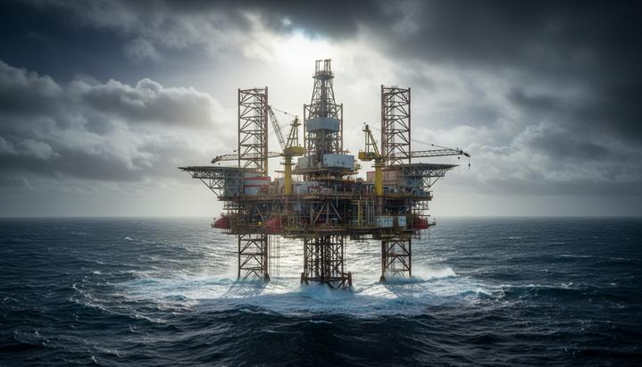 Морская нефтегазовая буровая платформа в открытом море под пасмурным небом, освещенная лучом солнца.