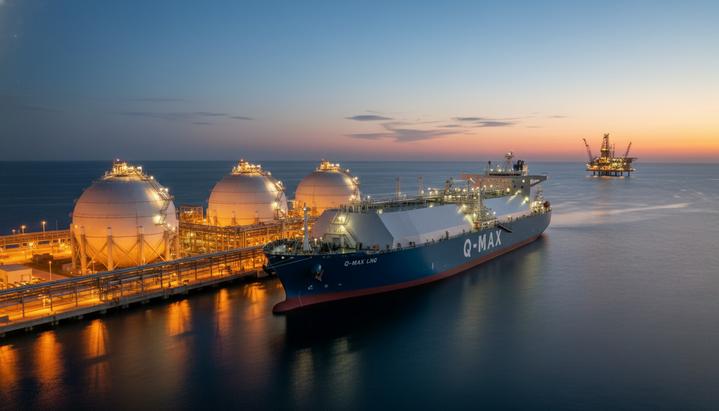 СПГ-танкер у причала морского газового терминала с резервуарами для хранения на закате. На горизонте видна морская буровая платформа.