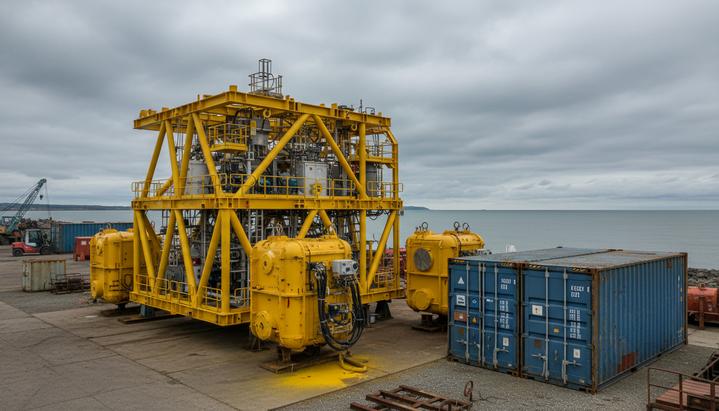 Большая модульная подводная конструкция для нефтегазовой отрасли в сборочном доке у моря, рядом расположены грузовые контейнеры.