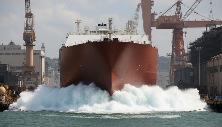 Корпус плавучего завода СПГ спускают на воду на верфи. На заднем плане видны портовые краны и сооружения.