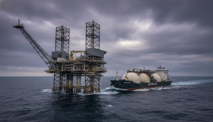 Морская платформа для хранения углерода и специализированное судно-газовоз для перевозки CO2 рядом в Норвежском море.