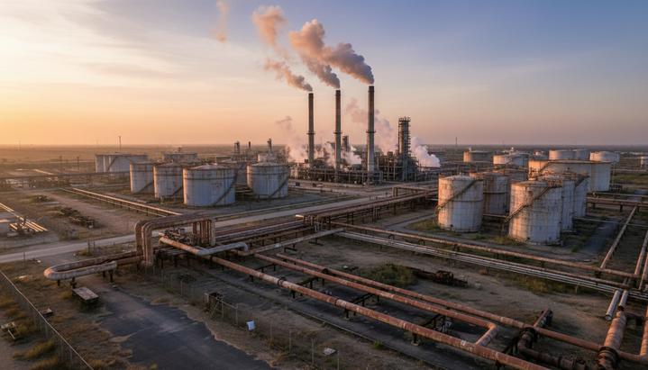 Нефтеперерабатывающий завод в Венесуэле на рассвете, промышленные трубы и резервуары для хранения нефти со следами износа.
