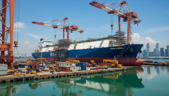 Крупный газовоз Höegh Gandria у причала судоверфи в Сингапуре, окруженный портовыми кранами для проведения работ по конверсии.