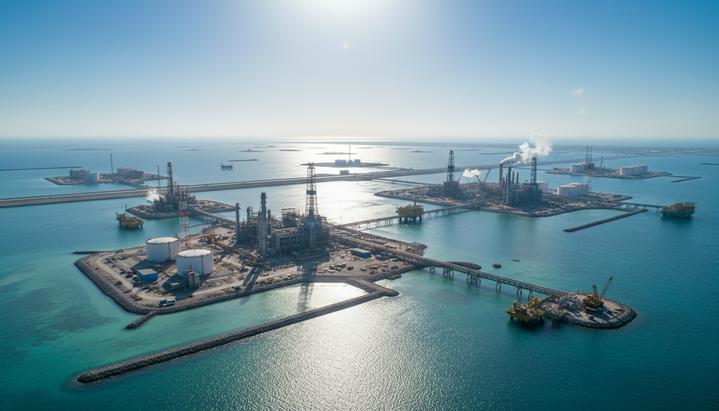 Искусственные острова морского газового проекта Hail и Ghasha с промышленными установками и буровыми вышками в море.