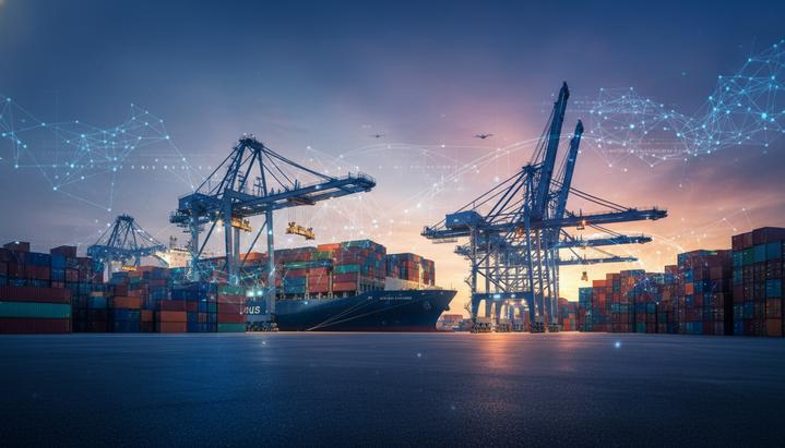 Автоматизированный контейнерный терминал с кранами и грузовым судном, покрытый светящейся цифровой сетью.