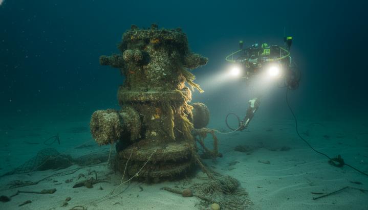 Оборудование подводной скважины на морском дне и приближающийся к нему подводный робот с включенными прожекторами.