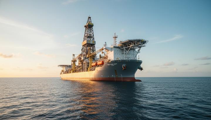 Современное морское буровое судно в спокойных водах океана у побережья Гайаны на рассвете.