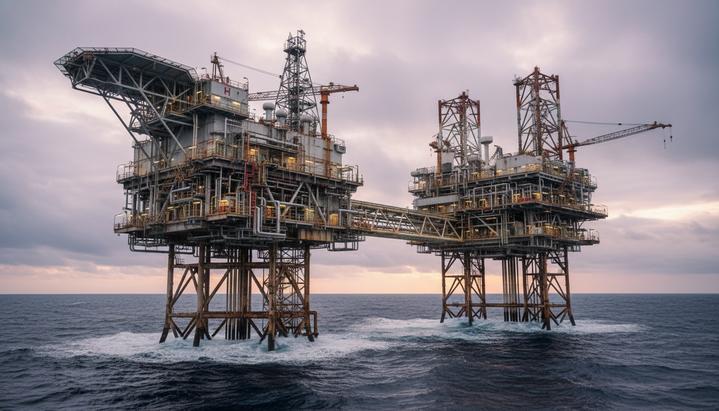 Морская нефтегазовая платформа на норвежском континентальном шельфе в Северном море, вид на рассвете.