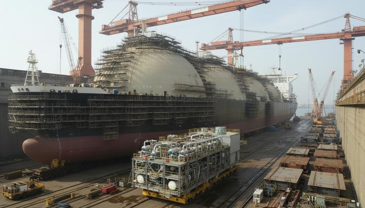 Огромный газовоз в сухом доке на верфи во время переоборудования в плавучее хранилище. Вокруг судна стоят краны и строительные леса.