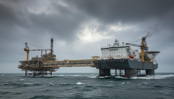 Плавучая гостиница «Safe Caledonia» соединена переходным мостом с морской нефтедобывающей платформой в Северном море.