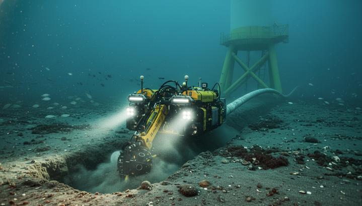 Подводный траншеекопатель прокладывает кабель на морском дне на фоне основания морской ветряной турбины.