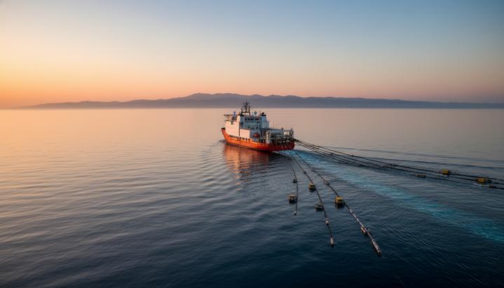 Морское судно для сейсморазведочных работ буксирует оборудование в Средиземном море у побережья Ливана на рассвете.
