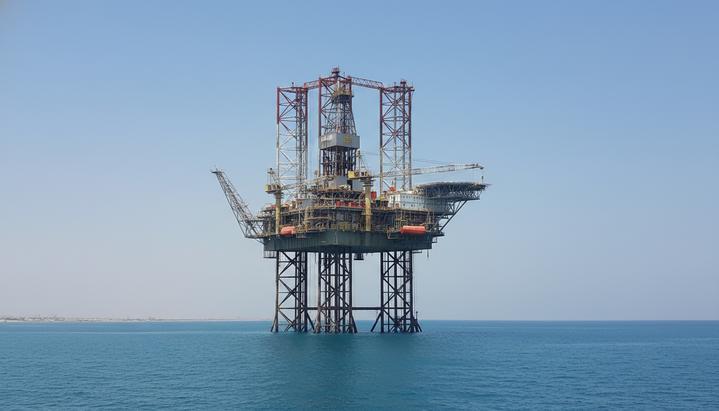 Установка Perro Negro 7 возобновляет морское бурение в Саудовской Аравии Самоподъемная морская буровая установка Perro Negro 7 на трех опорах в открытом море в ясный день.