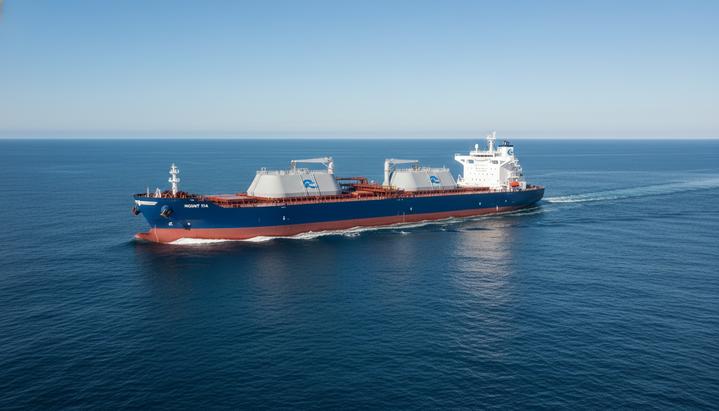 Himalaya Shipping заключила новый контракт на СПГ-балкер Mount Ita Крупнотоннажный двухтопливный балкер класса Newcastlemax идет по морю. Современное грузовое судно в открытом океане.