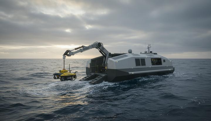 Современное роботизированное судно в открытом море опускает в воду подводный аппарат с помощью роботизированной системы.