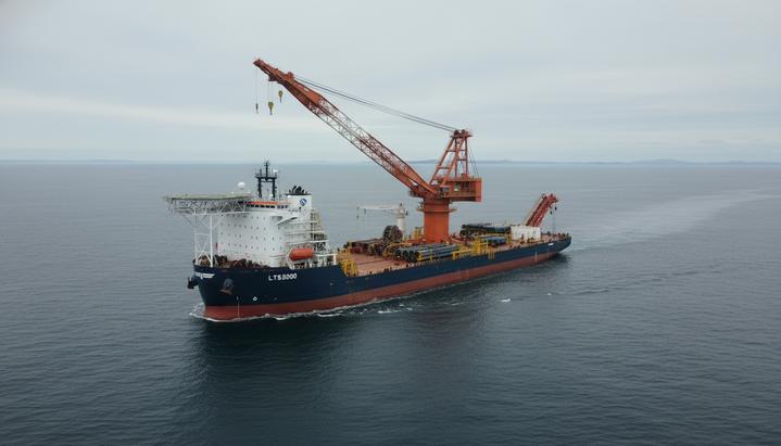 Морское строительное судно LTS3000 с мощным грузоподъемным краном на палубе, вид в открытом море.