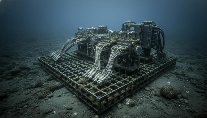 Подводное оборудование для добычи углеводородов, включая коллекторы и кабели, установленное на морском дне.