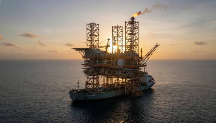 Морская нефтегазовая платформа в океане на закате. Вид на сложную металлическую конструкцию у побережья Нигерии.