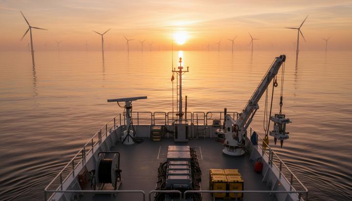 Исследовательское судно с оборудованием для морских изысканий в море на рассвете. На горизонте виднеются ветряные турбины.