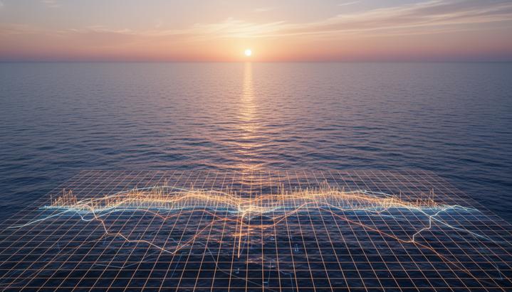 Трехмерная карта геологических пластов и сейсмических данных над поверхностью океана у побережья Западной Африки.