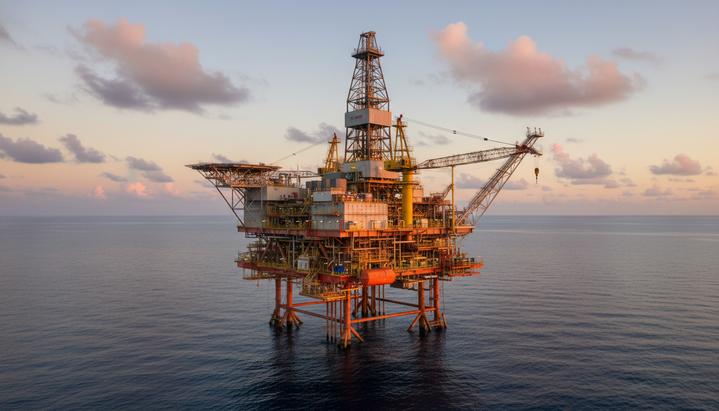 Морская нефтегазовая платформа Titan в открытом море в Мексиканском заливе. Вид на сложную металлическую конструкцию с оборудованием на фоне неба.