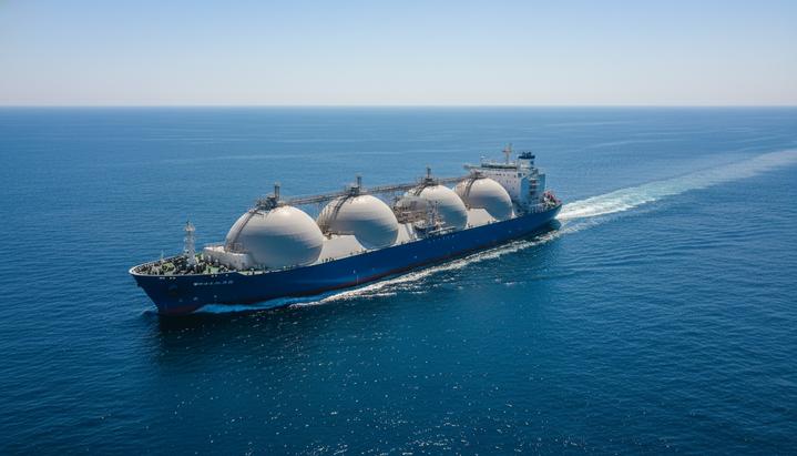 Современный газовоз СПГ (сжиженного природного газа) идет по спокойному открытому морю в ясный солнечный день.