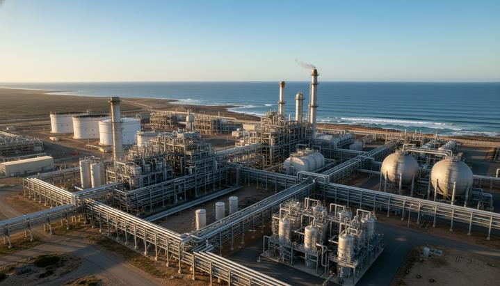 Завод по производству сжиженного природного газа Pluto LNG на побережье Австралии с резервуарами и трубопроводами.