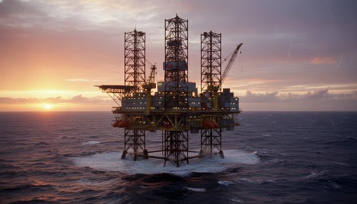 Морская полупогружная буровая платформа в неспокойных водах Северного моря на рассвете. Вокруг раскинулся океан.