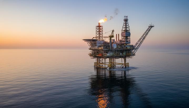 Морская газодобывающая платформа Левиафан в Средиземном море на рассвете в спокойных водах.