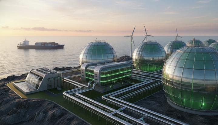 ЕС одобрил финансирование импорта канадского водорода в Германию Современный завод по производству водорода со сферическими резервуарами для хранения на берегу моря. На заднем плане грузовое судно.