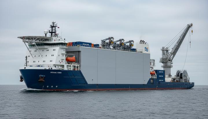 Ulstein построит для OMS Group два судна для прокладки кабелей Современное судно-кабелеукладчик с характерным инвертированным носом и ангаром на палубе в открытом море.