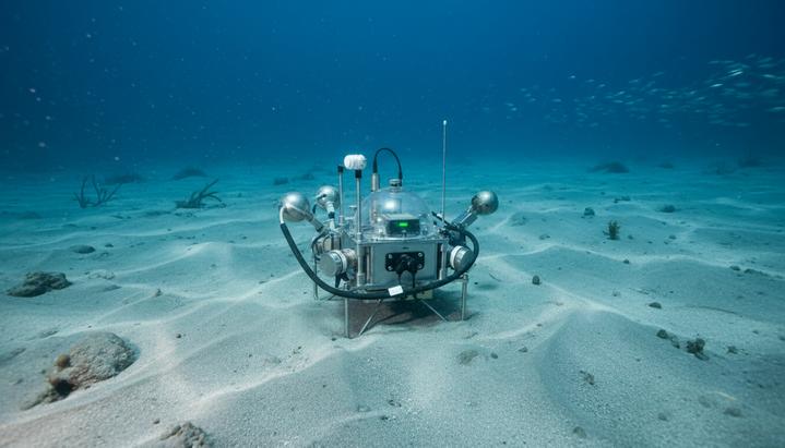 Швейцарская Rosenxt Group покупает немецкого разработчика морских технологий Современный донный сейсмометр для мониторинга морского дна, установленный на песчаном грунте в толще голубой воды.