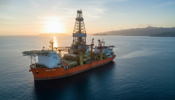 Буровое судно «Noble Viking» в открытом море. Морская буровая установка для добычи газа на фоне спокойного океана и чистого неба.