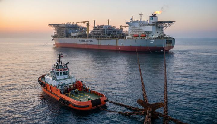 Плавучая установка для добычи, хранения и отгрузки нефти (FPSO) в открытом море. Рядом с ней находится судно-буксир, работающее со швартовными цепями.