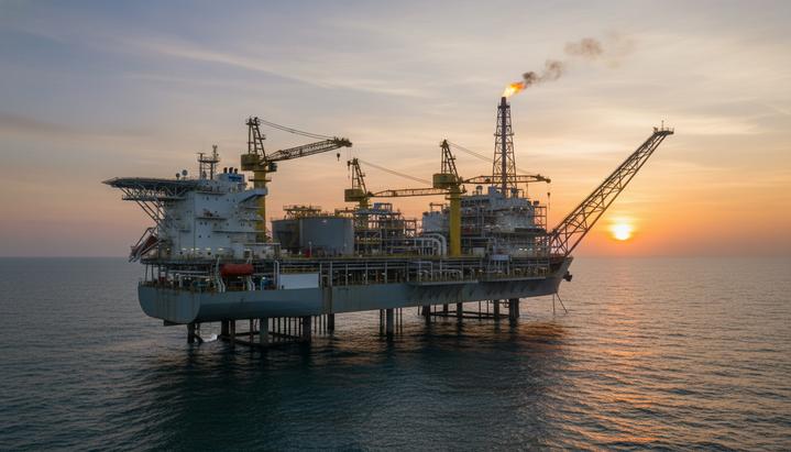 Большая плавучая нефтегазовая платформа (FPSO) с трубами и кранами в открытом океане у берегов Бразилии.