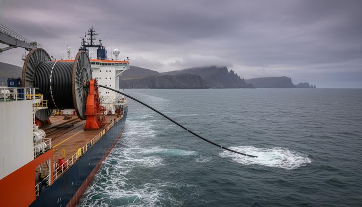 Судно-кабелеукладчик в море у скалистого побережья Шотландии. С палубы в воду спускается толстый силовой кабель.