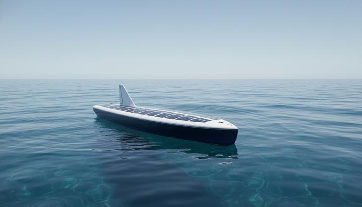 Автономный надводно-подводный аппарат Triton в открытом море. На корпусе судна видны солнечные панели и небольшой жесткий парус.