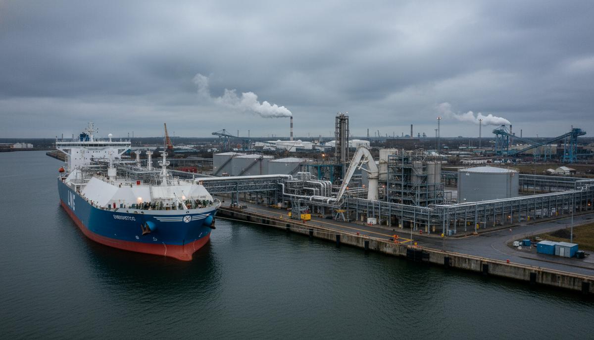 Большое судно-регазификатор СПГ у причала в промышленном порту, соединенное с берегом системой трубопроводов.