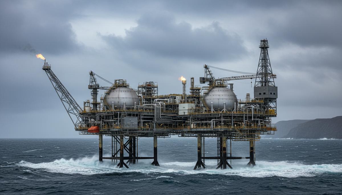 Морская платформа по производству сжиженного природного газа в неспокойном море у скалистого побережья Канады.