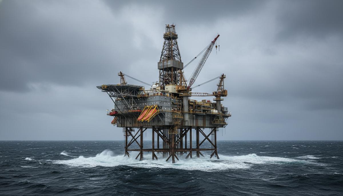 Полупогружная морская буровая установка Deepsea Atlantic в неспокойных водах Северного моря под пасмурным небом.