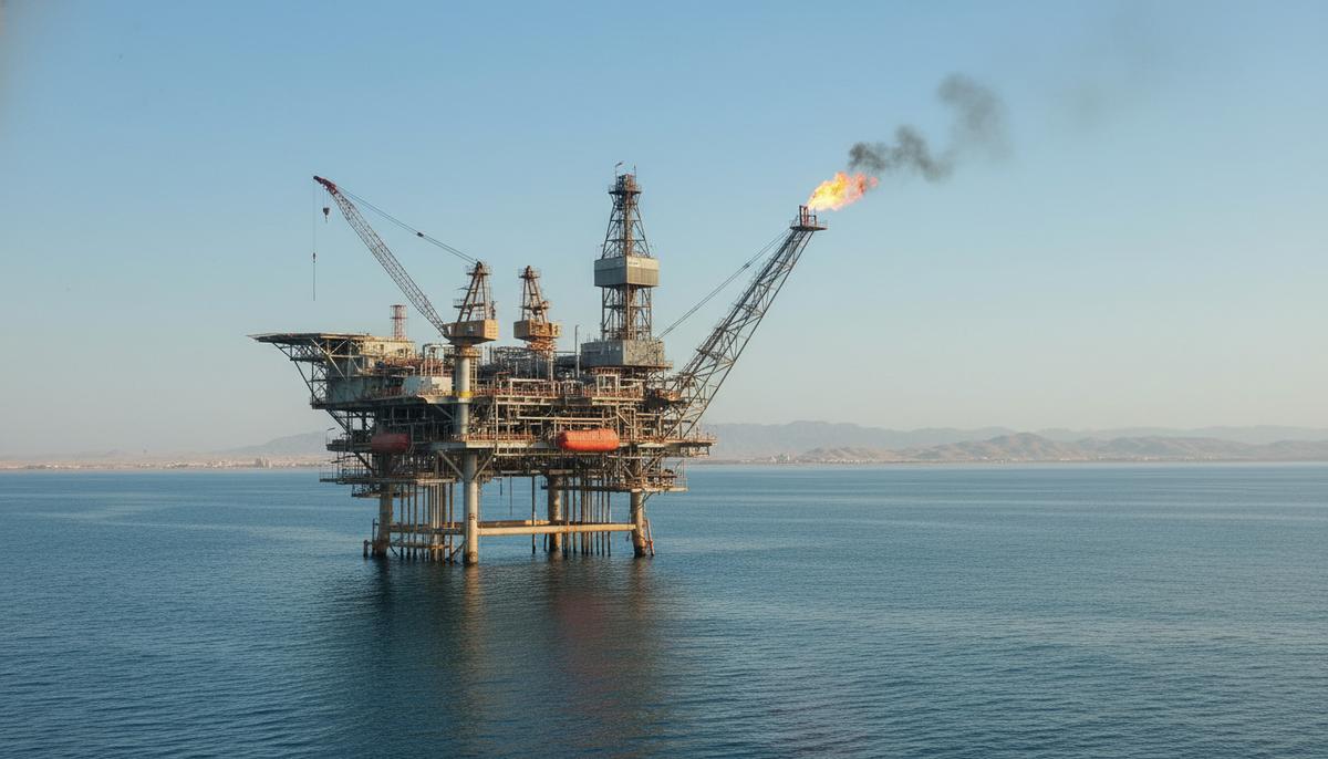 Морская нефтедобывающая платформа с технологическим оборудованием в Суэцком заливе на фоне спокойного моря.