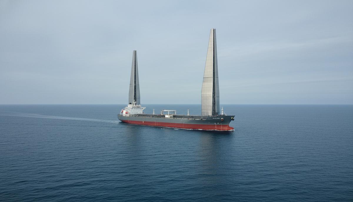 Современный танкер MT SPA с двумя большими жесткими парусами–ветродвижителями в открытом море на фоне облачного неба.