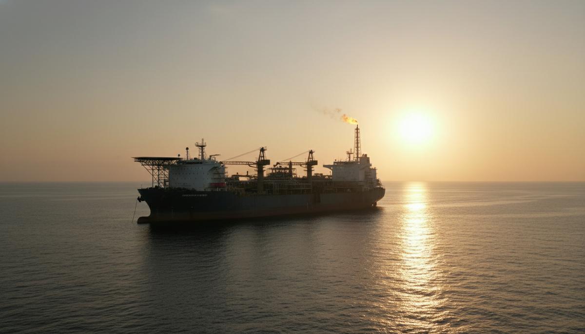 SOCAR приобретает у Eni долю в проекте Baleine в Кот-д'Ивуаре Плавучая установка для добычи, хранения и отгрузки нефти (FPSO) в океане у побережья Африки на закате с факельной вышкой.