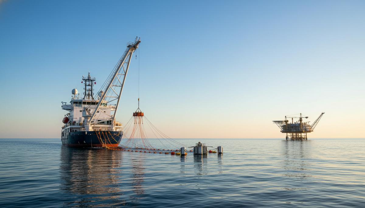 Судно для морской сейсморазведки с оборудованием на корме в спокойных водах Средиземного моря на фоне чистого неба.