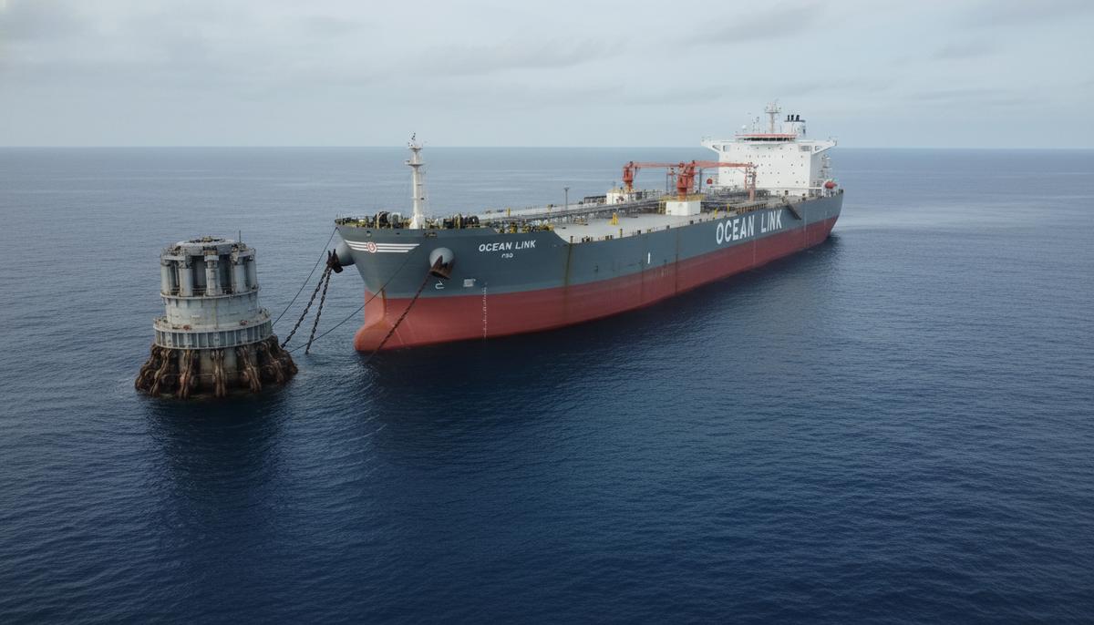 Плавучая установка для хранения и отгрузки нефти (FSO) на якорной стоянке в открытом море на глубоководном месторождении.