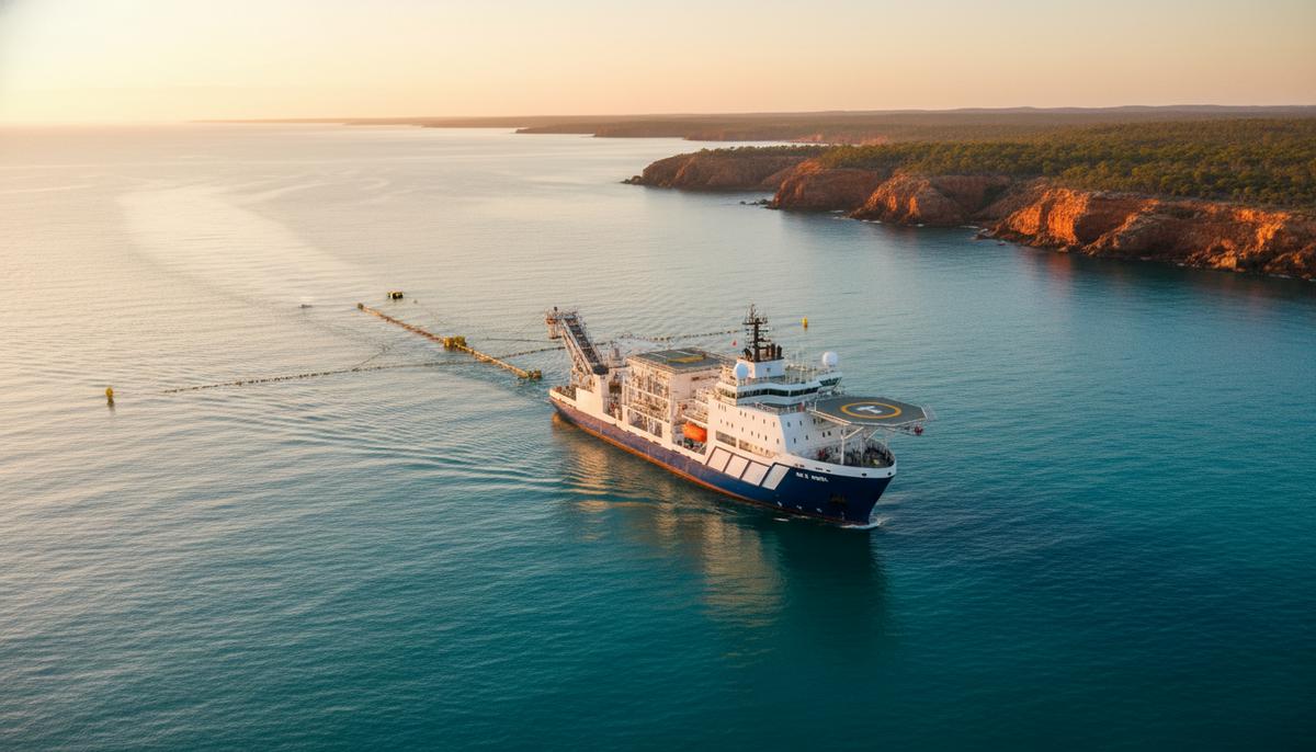 Современное сейсморазведочное судно в открытом океане у побережья Австралии с оборудованием для сбора данных, буксируемым за кормой.
