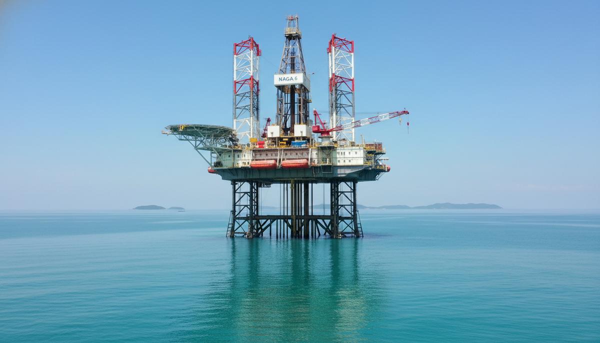 Современная самоподъемная морская буровая установка NAGA 6 в спокойном море. На палубе виден роботизированный манипулятор.
